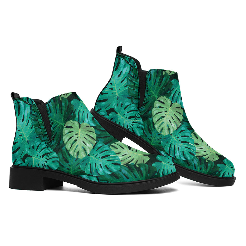 Green Tropical Monstera Pattern Print Flat Ankle Boots