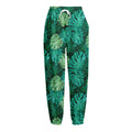 Green Tropical Monstera Pattern Print Fleece Lined Knit Pants