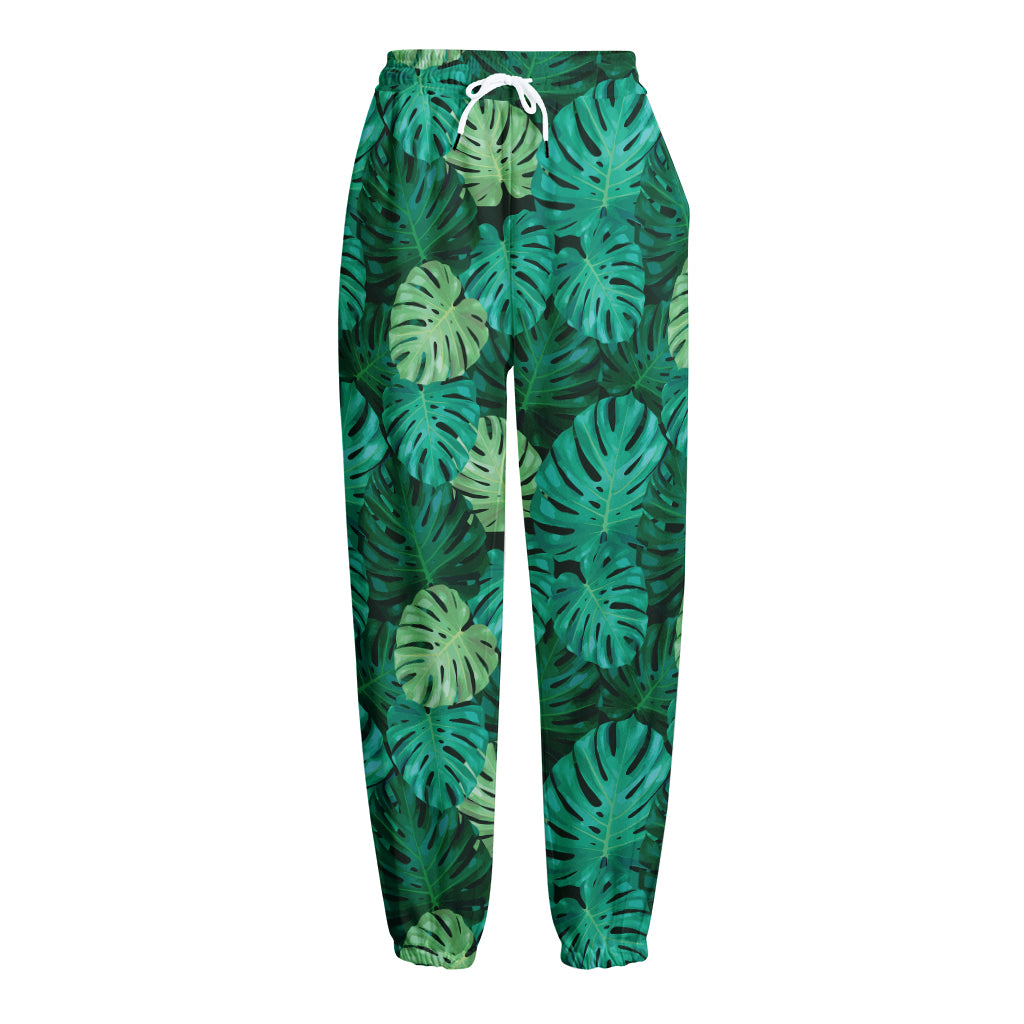 Green Tropical Monstera Pattern Print Fleece Lined Knit Pants