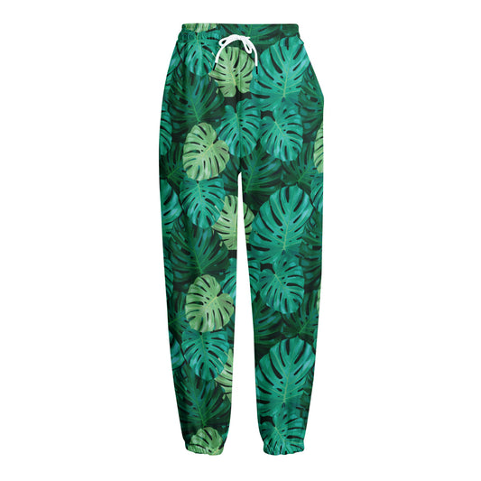 Green Tropical Monstera Pattern Print Fleece Lined Knit Pants