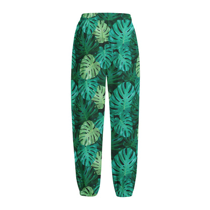 Green Tropical Monstera Pattern Print Fleece Lined Knit Pants