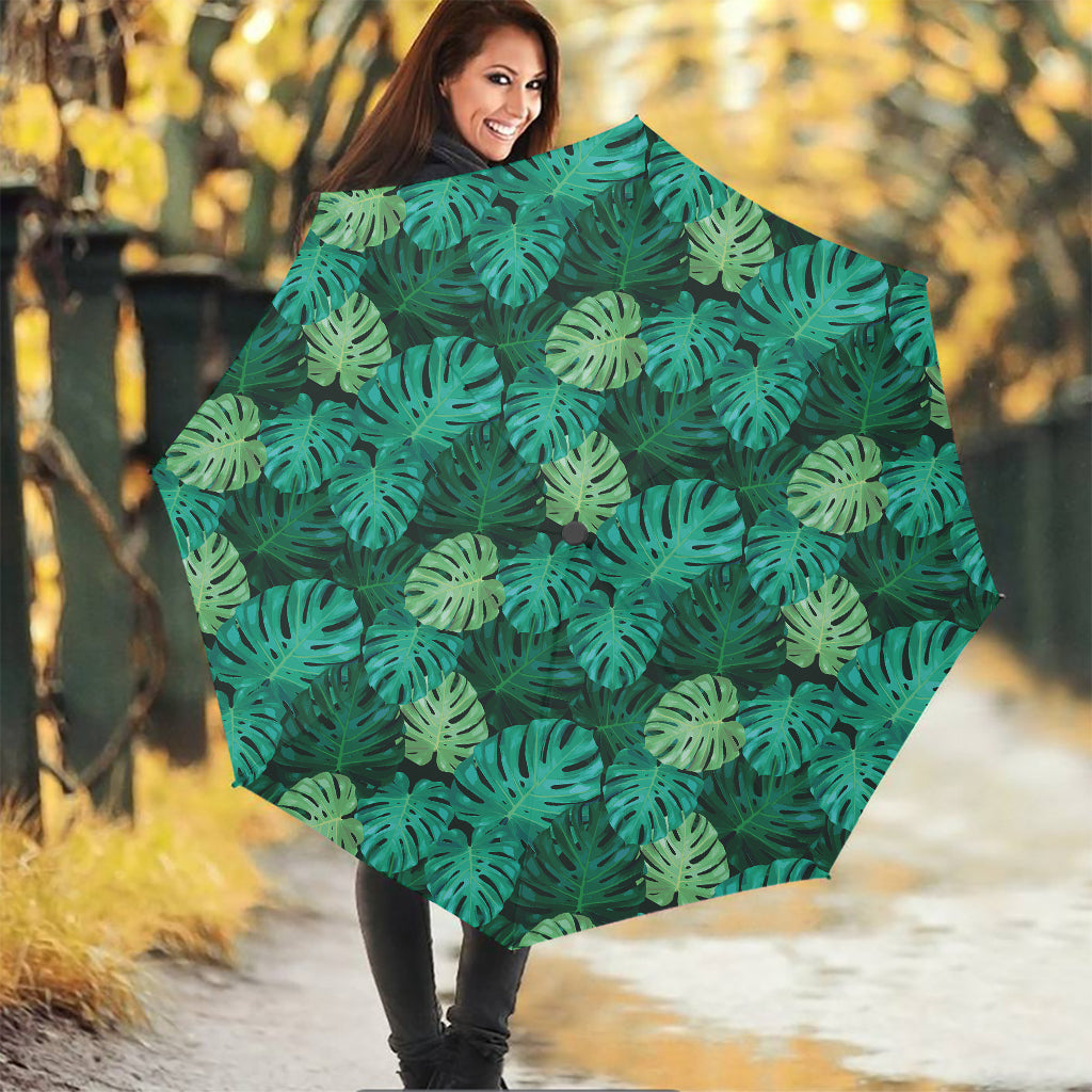 Green Tropical Monstera Pattern Print Foldable Umbrella
