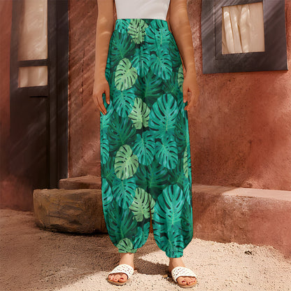 Green Tropical Monstera Pattern Print Harem Pants