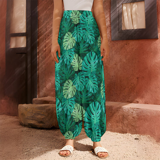 Green Tropical Monstera Pattern Print Harem Pants