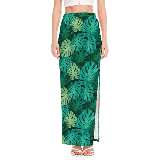 Green Tropical Monstera Pattern Print High Slit Maxi Skirt