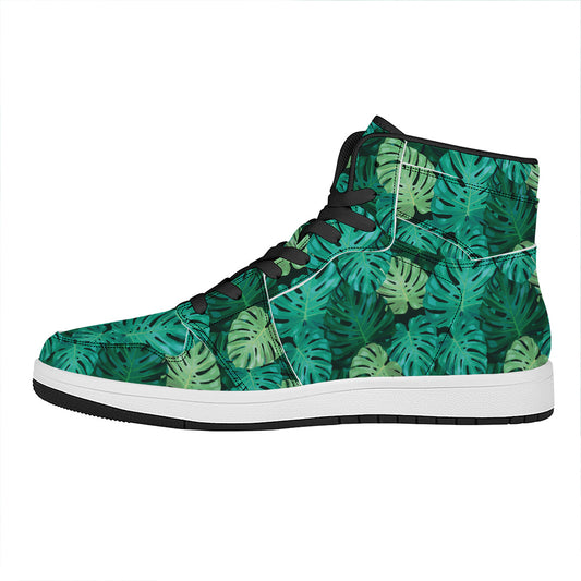 Green Tropical Monstera Pattern Print High Top Leather Sneakers