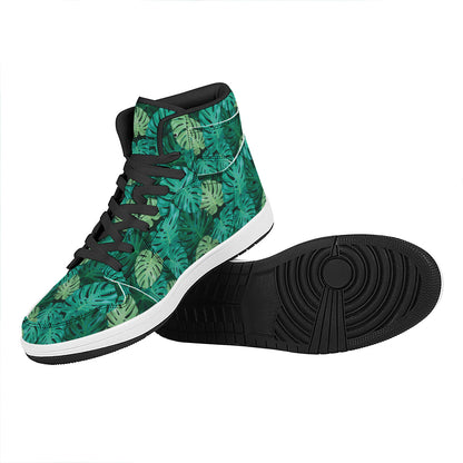 Green Tropical Monstera Pattern Print High Top Leather Sneakers
