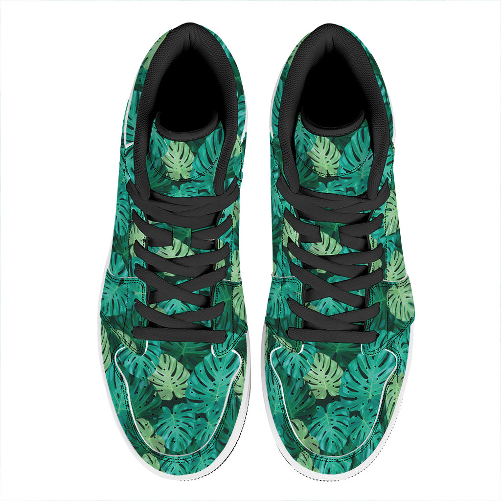 Green Tropical Monstera Pattern Print High Top Leather Sneakers
