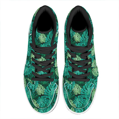 Green Tropical Monstera Pattern Print High Top Leather Sneakers