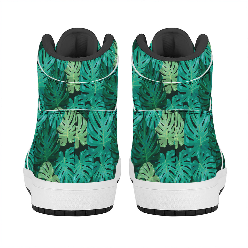 Green Tropical Monstera Pattern Print High Top Leather Sneakers