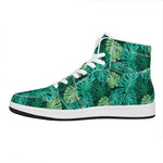 Green Tropical Monstera Pattern Print High Top Leather Sneakers