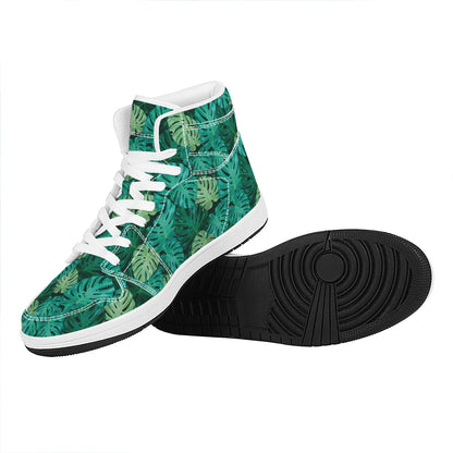 Green Tropical Monstera Pattern Print High Top Leather Sneakers