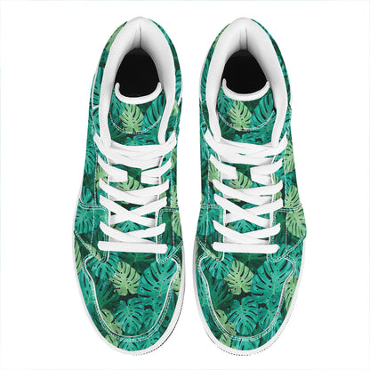 Green Tropical Monstera Pattern Print High Top Leather Sneakers