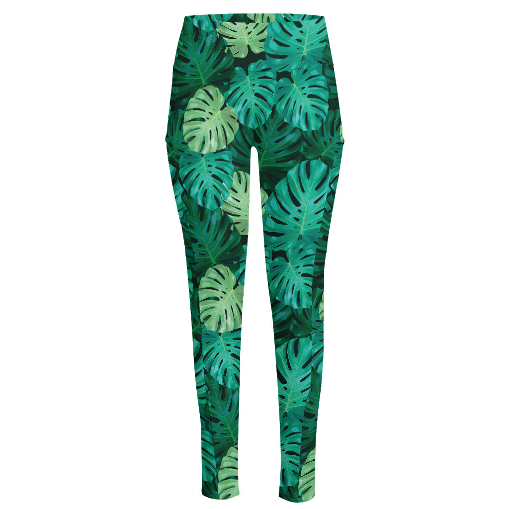 Green Tropical Monstera Pattern Print High-Waisted Pocket Leggings