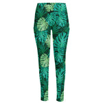 Green Tropical Monstera Pattern Print High-Waisted Pocket Leggings