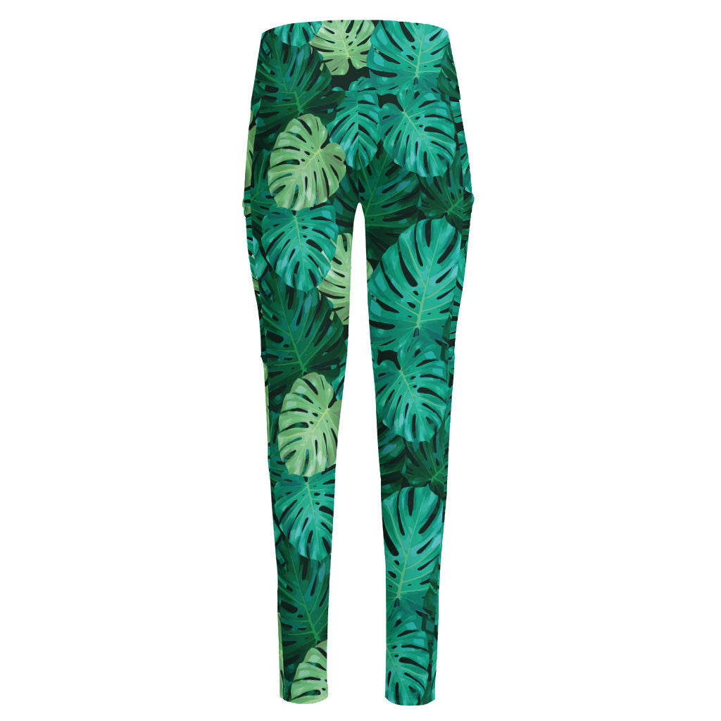 Green Tropical Monstera Pattern Print High-Waisted Pocket Leggings