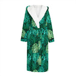 Green Tropical Monstera Pattern Print Hooded Bathrobe