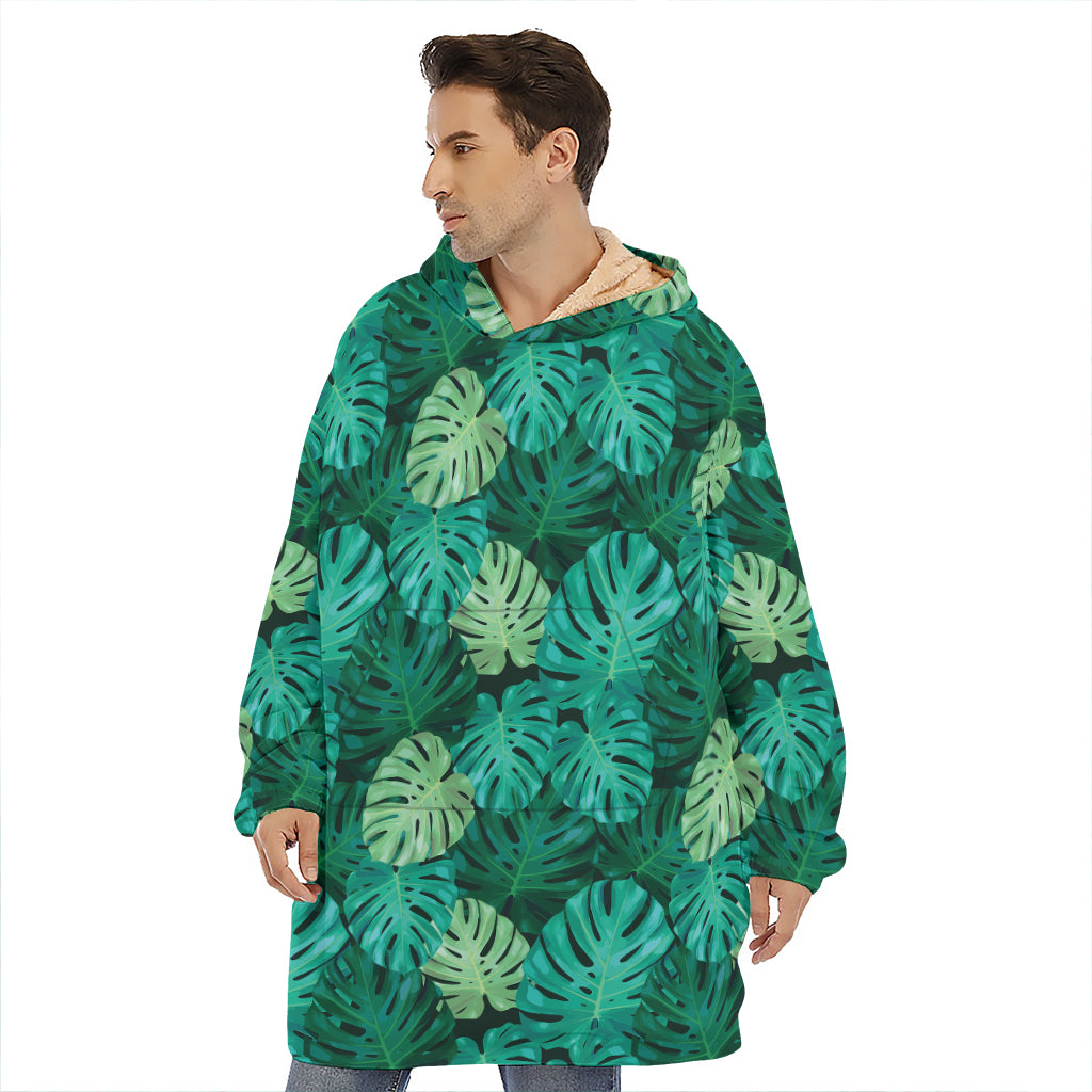 Green Tropical Monstera Pattern Print Hoodie Blanket