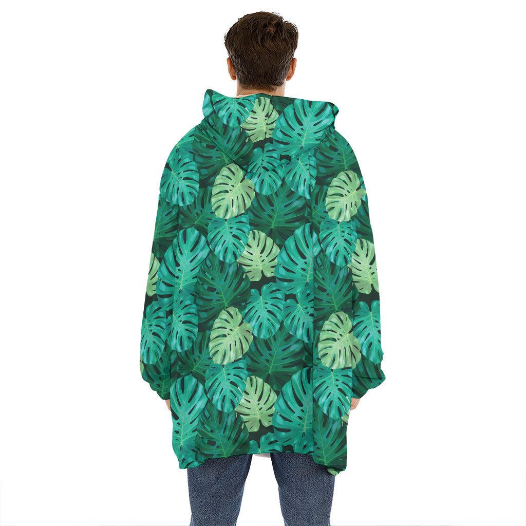 Green Tropical Monstera Pattern Print Hoodie Blanket