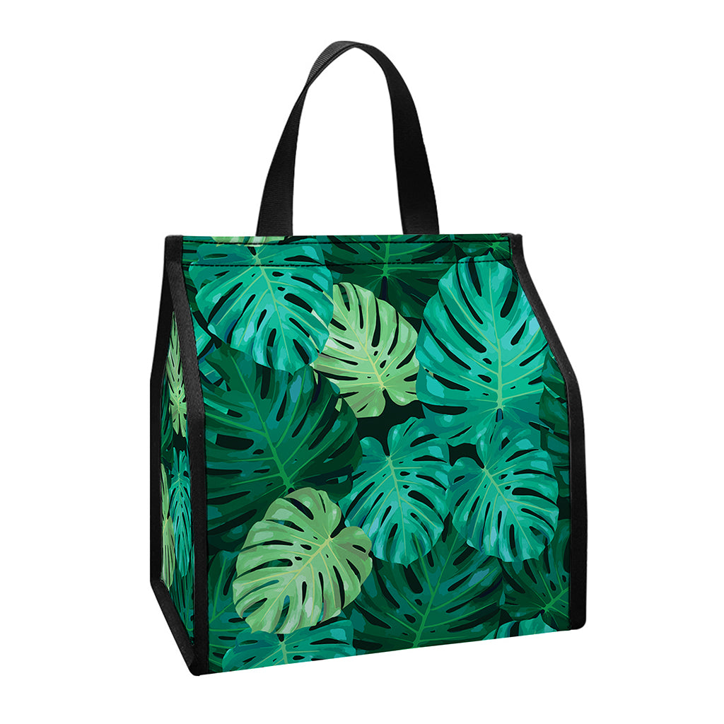 Green Tropical Monstera Pattern Print Insulated Lunch Tote