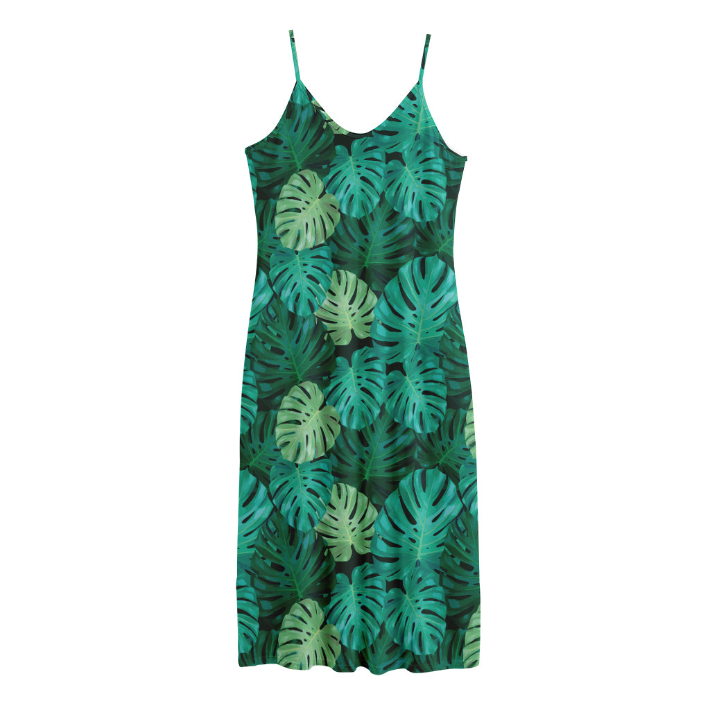 Green Tropical Monstera Pattern Print Jersey Midi Cami Dress