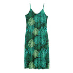 Green Tropical Monstera Pattern Print Jersey Midi Cami Dress