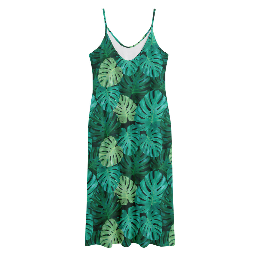 Green Tropical Monstera Pattern Print Jersey Midi Cami Dress
