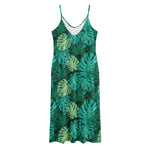 Green Tropical Monstera Pattern Print Jersey Midi Cami Dress