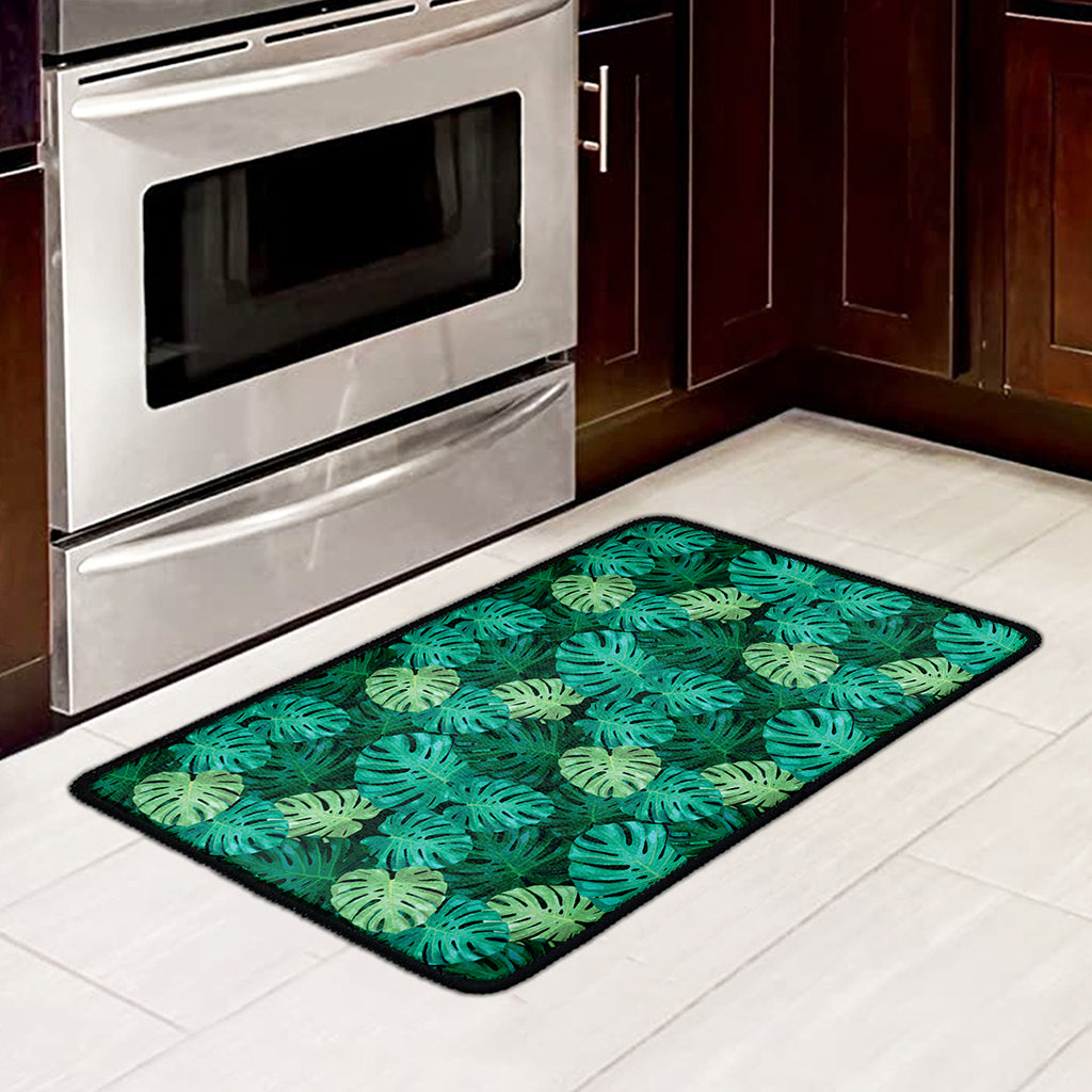Green Tropical Monstera Pattern Print Kitchen Mat