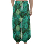Green Tropical Monstera Pattern Print Lantern Pants