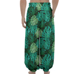 Green Tropical Monstera Pattern Print Lantern Pants