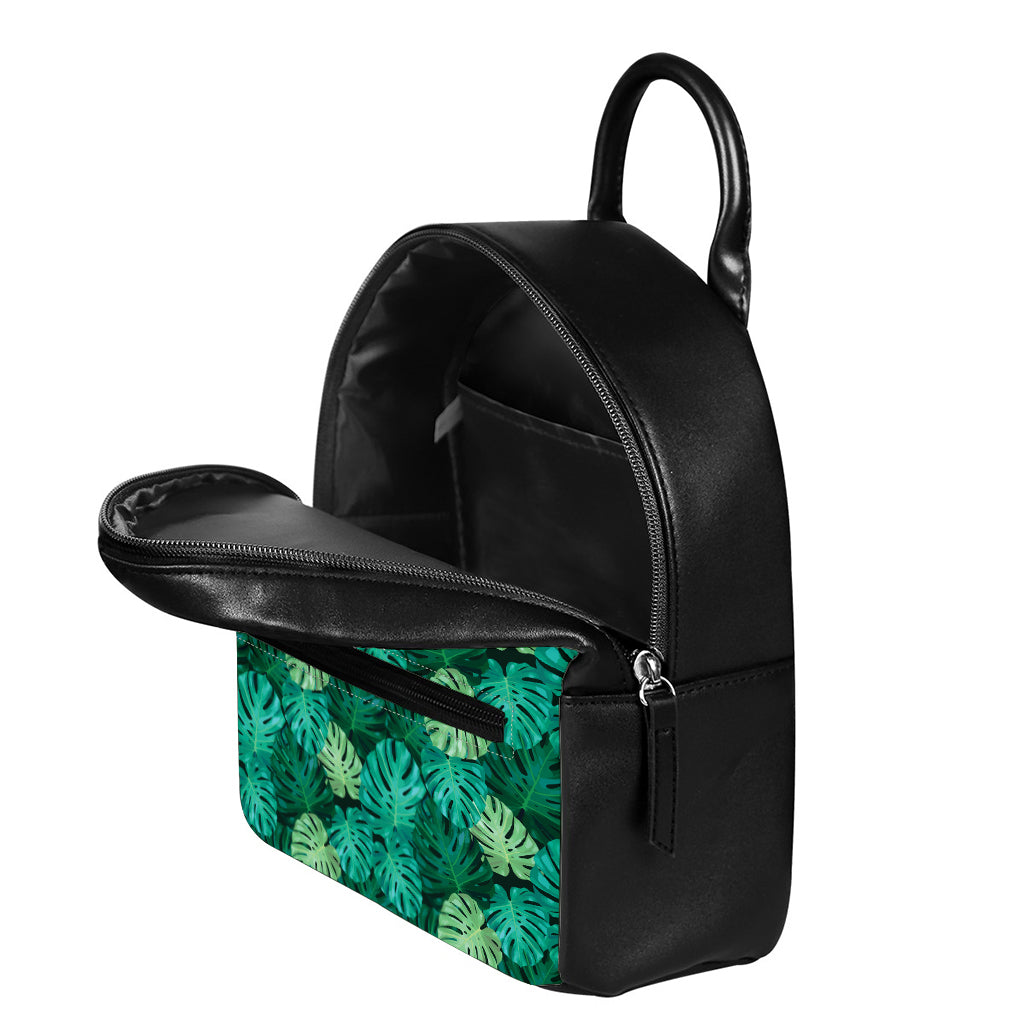 Green Tropical Monstera Pattern Print Leather Backpack
