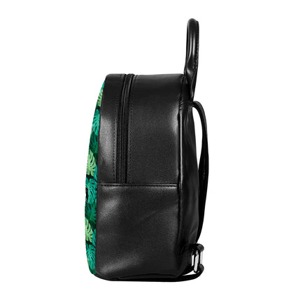 Green Tropical Monstera Pattern Print Leather Backpack