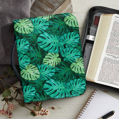 Green Tropical Monstera Pattern Print Leather Bible Cover