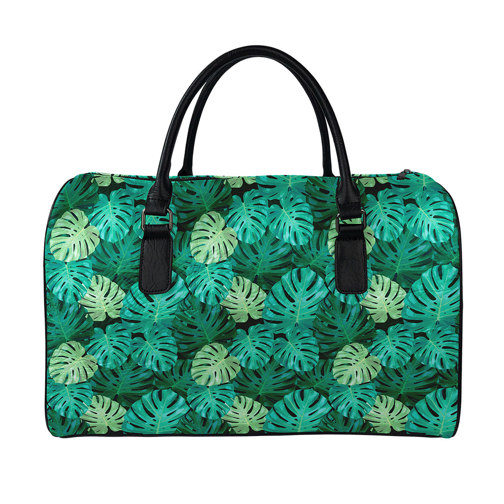 Green Tropical Monstera Pattern Print Leather Duffle Bag