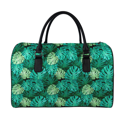 Green Tropical Monstera Pattern Print Leather Duffle Bag