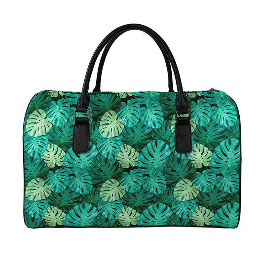 Green Tropical Monstera Pattern Print Leather Duffle Bag