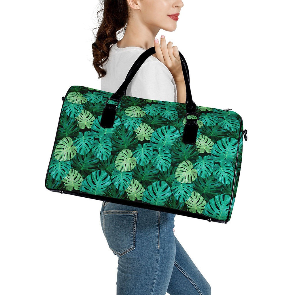 Green Tropical Monstera Pattern Print Leather Duffle Bag