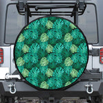 Green Tropical Monstera Pattern Print Leather Spare Tire Cover