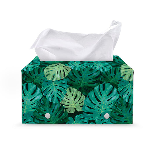 Green Tropical Monstera Pattern Print Leather Tissue Box Cover