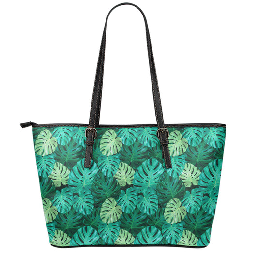 Green Tropical Monstera Pattern Print Leather Tote Bag