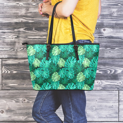 Green Tropical Monstera Pattern Print Leather Tote Bag