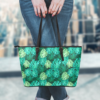 Green Tropical Monstera Pattern Print Leather Tote Bag