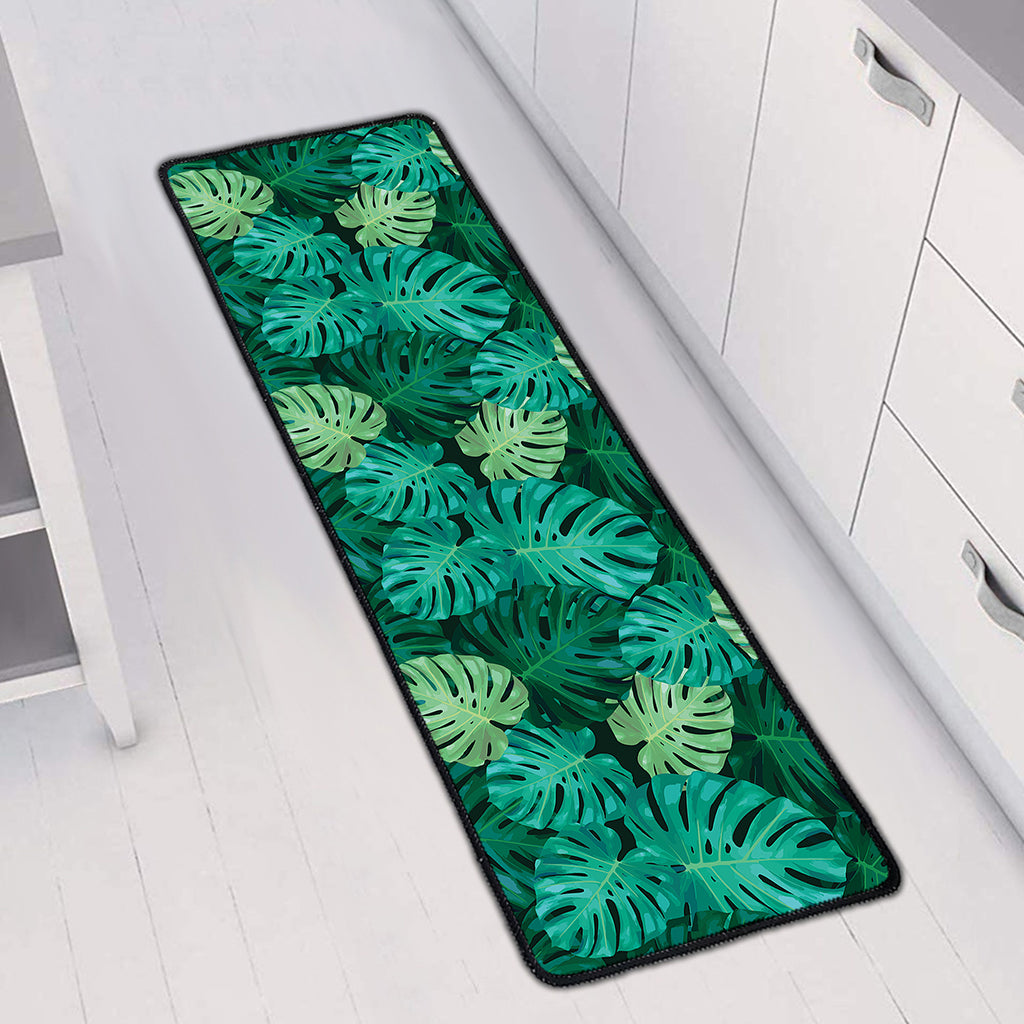 Green Tropical Monstera Pattern Print Long Kitchen Mat