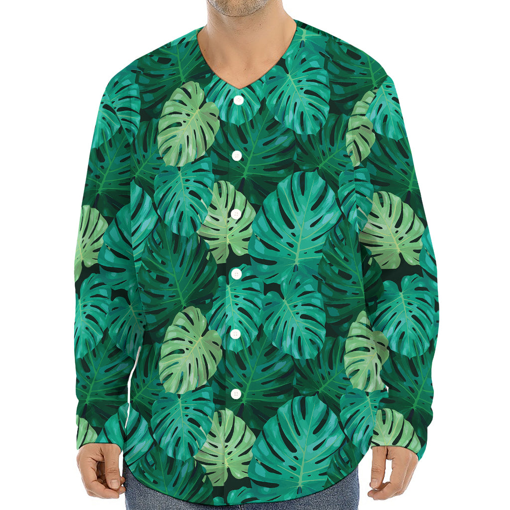 Green Tropical Monstera Pattern Print Long Sleeve Baseball Jersey