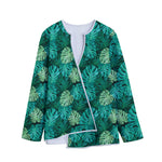 Green Tropical Monstera Pattern Print Long Sleeve Short Coat