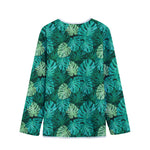Green Tropical Monstera Pattern Print Long Sleeve Short Coat
