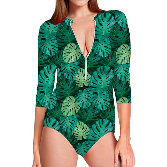 Green Tropical Monstera Pattern Print Long Sleeve Swimsuit