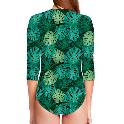 Green Tropical Monstera Pattern Print Long Sleeve Swimsuit