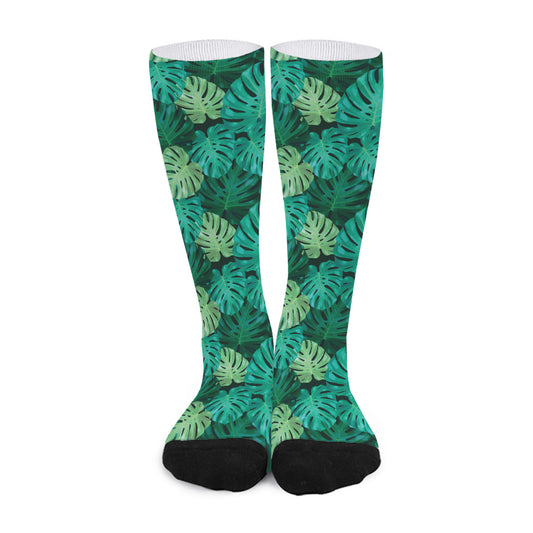 Green Tropical Monstera Pattern Print Long Socks